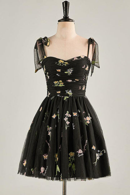 Blue Floral A-line Short Party Dess