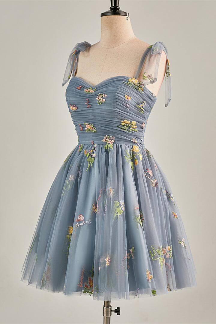 Blue Floral A-line Short Party Dess