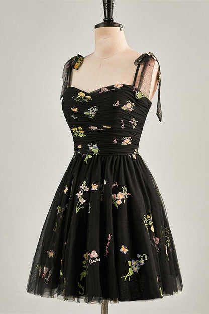 Blue Floral A-line Short Party Dess