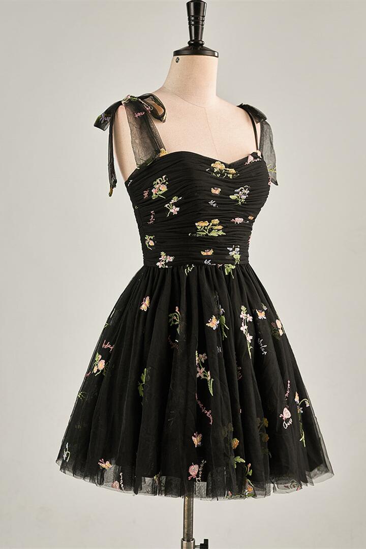 Blue Floral A-line Short Party Dess