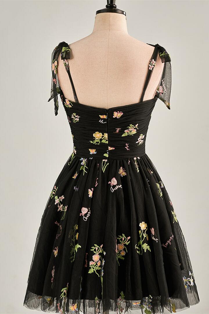 Blue Floral A-line Short Party Dess