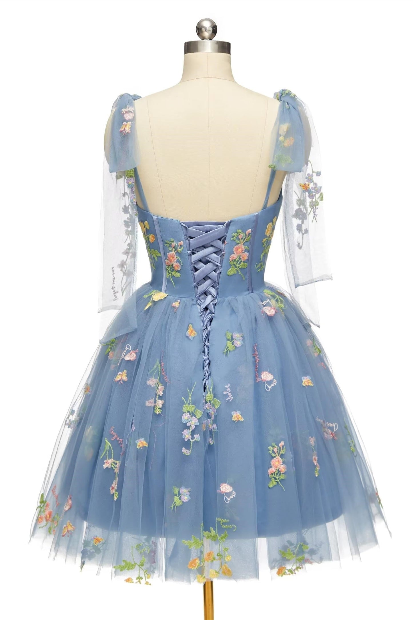 Blue Floral Ruffle A-line Homecoming Dress