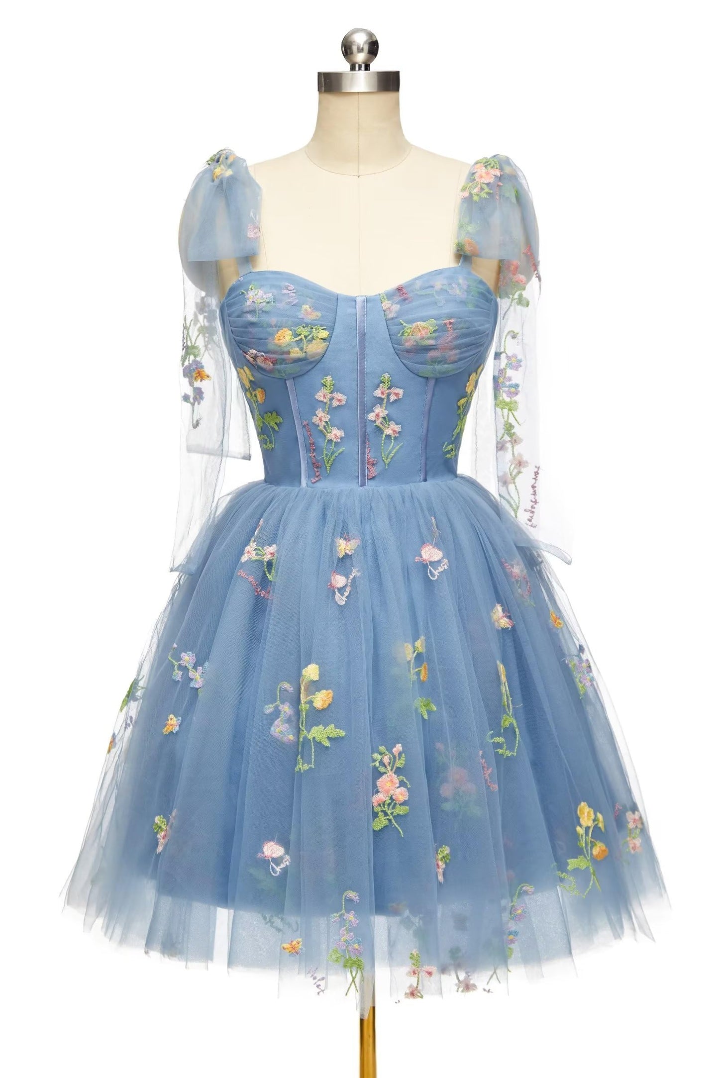 Blue Floral Corset A-line Homecoming Dress with Tie Shoulders