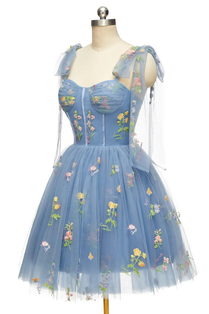 Blue Floral Corset A-line Homecoming Dress with Tie Shoulders