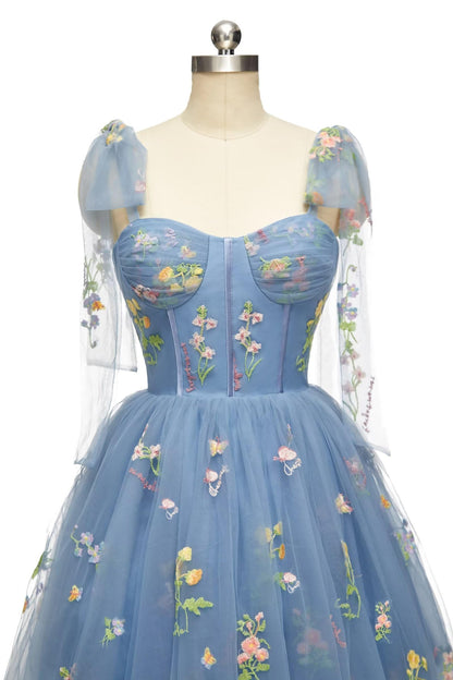 Blue Floral Corset A-line Homecoming Dress with Tie Shoulders