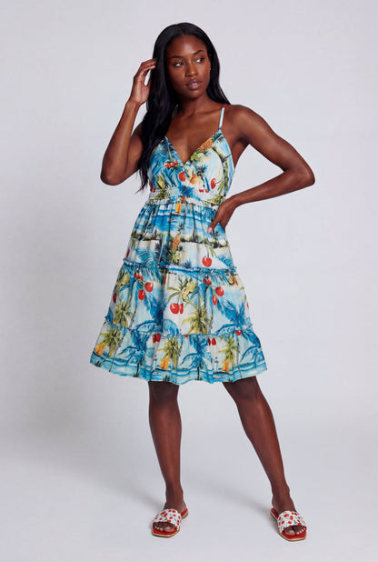 Cherry Palm Tree Print Ruffle Tiered Dress