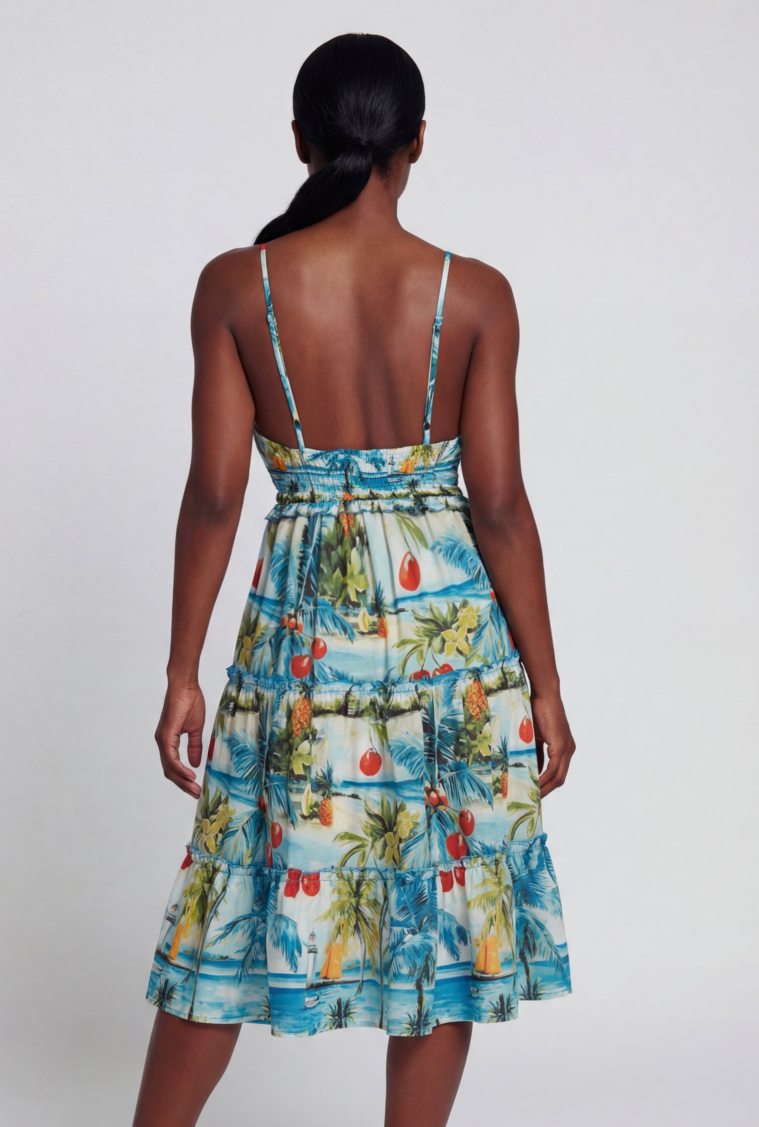 Cherry Palm Tree Print Ruffle Tiered Dress