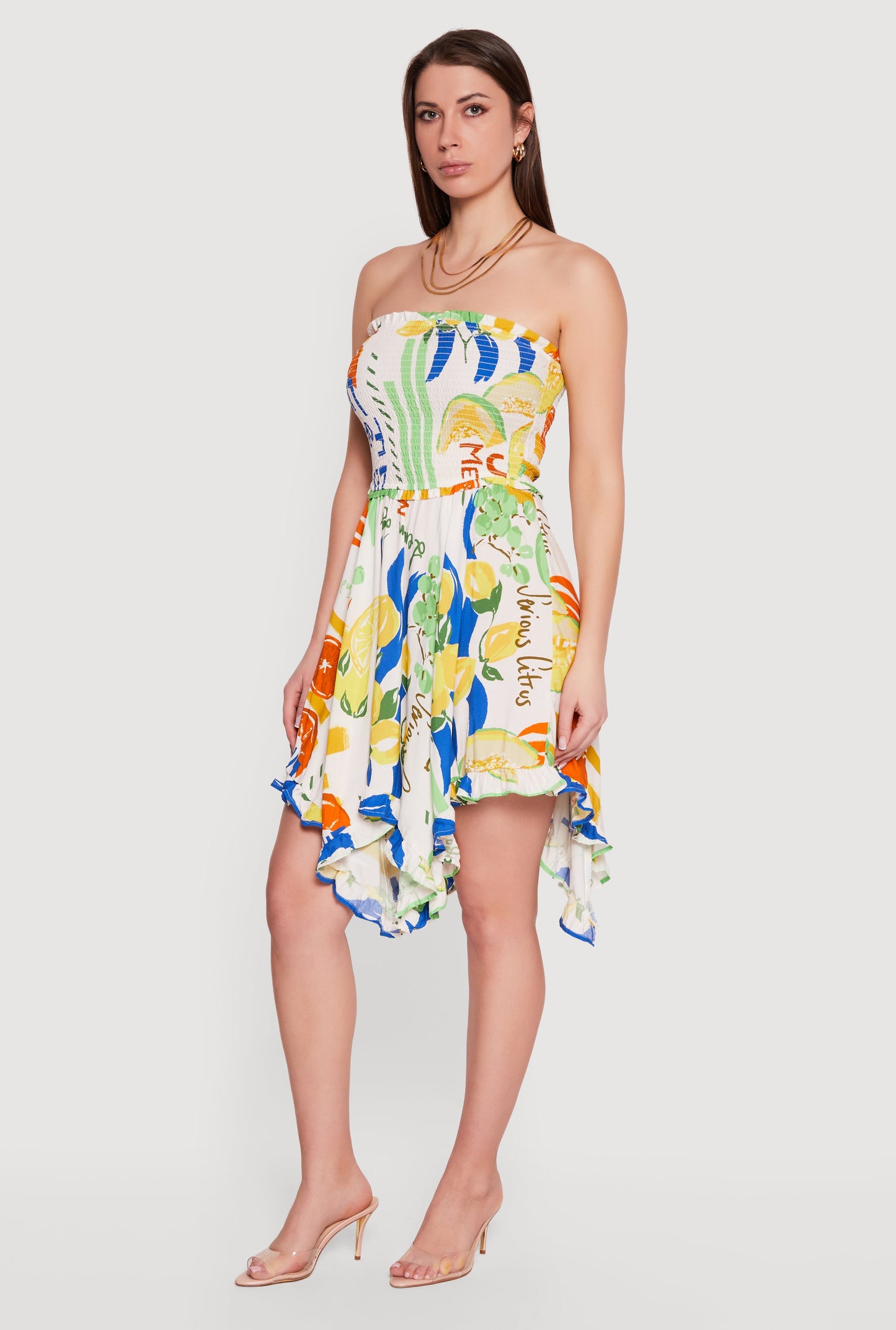 Fruit Print Handkerchief Hem Smocked Strapless Dress