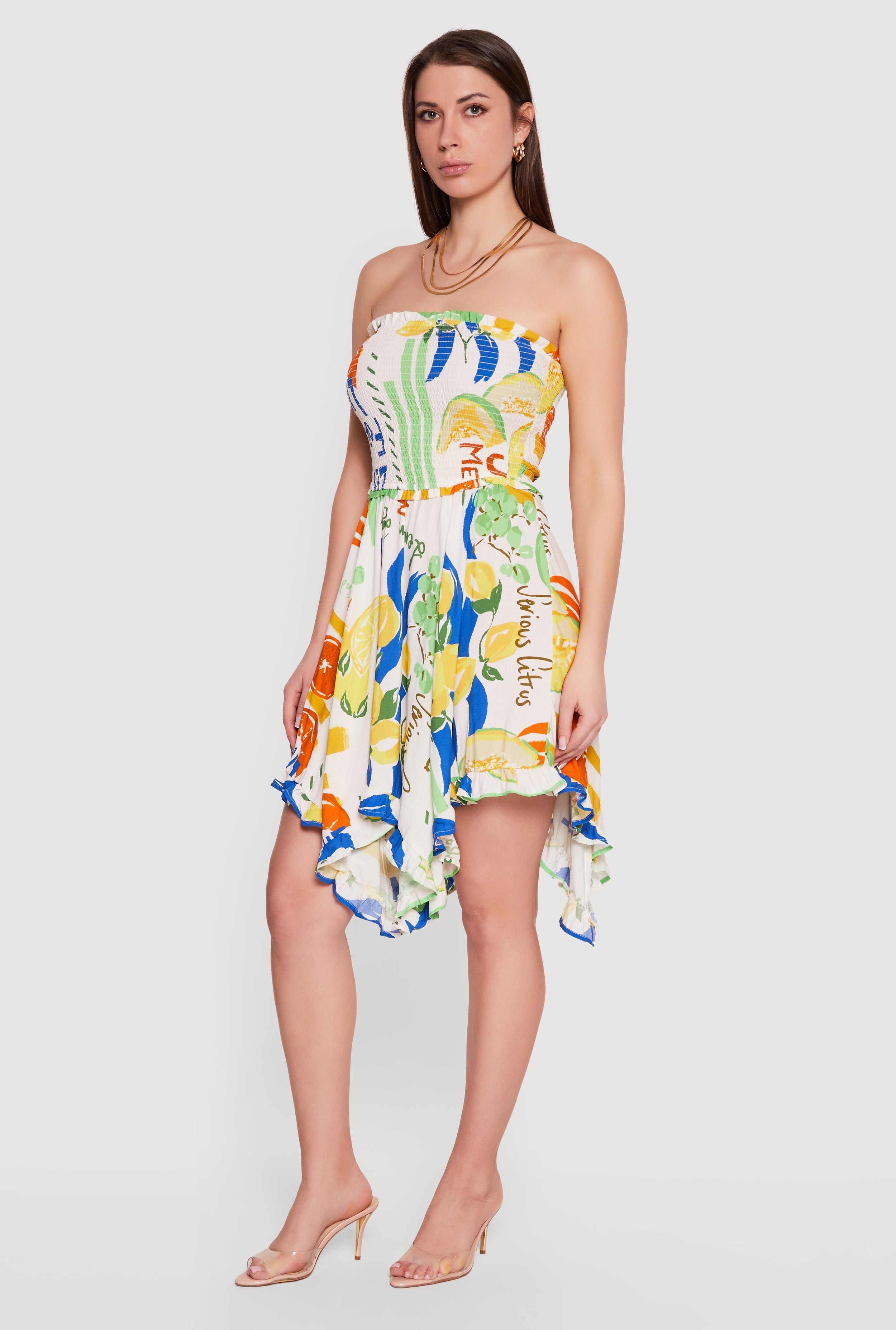 Fruit Print Handkerchief Hem Smocked Strapless Dress