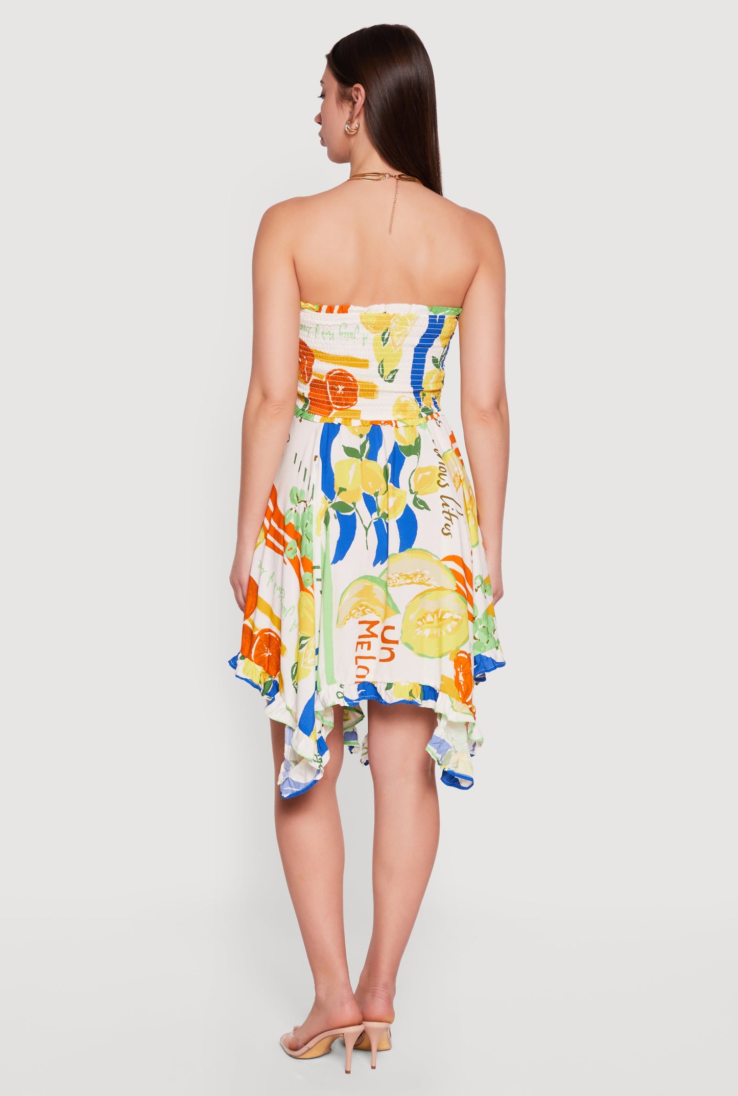 Fruit Print Handkerchief Hem Smocked Strapless Dress