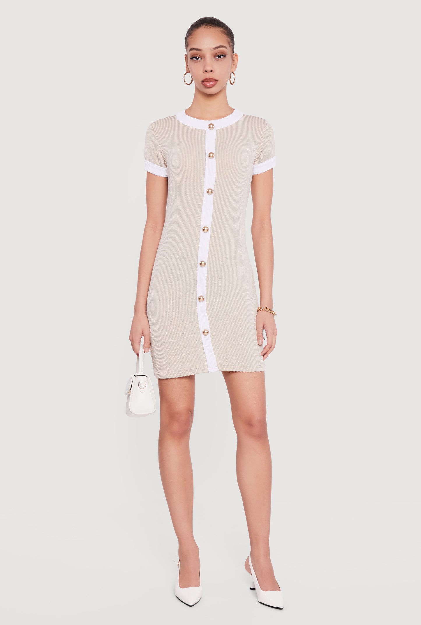Contrast Trim Ribbed Knit Mini Dress with Faux Buttons