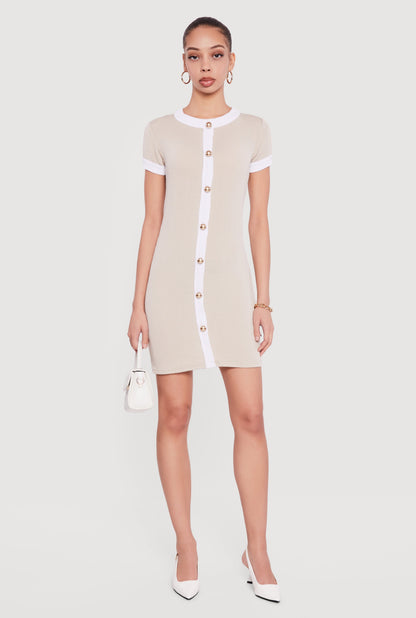 Contrast Trim Ribbed Knit Mini Dress with Faux Buttons