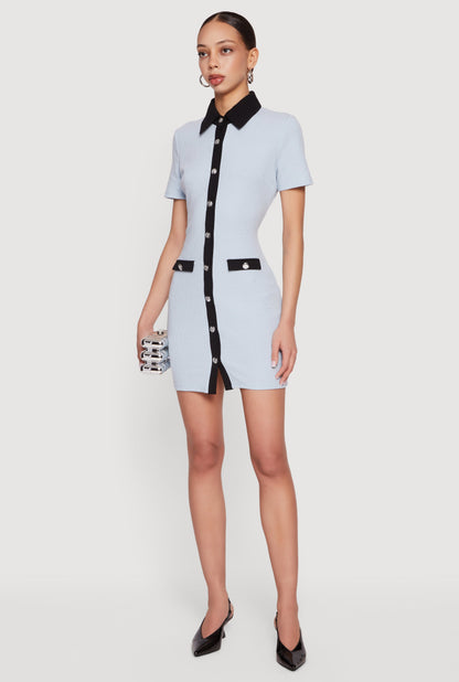 Contrast Trim Button Front Mini Shirt Dress