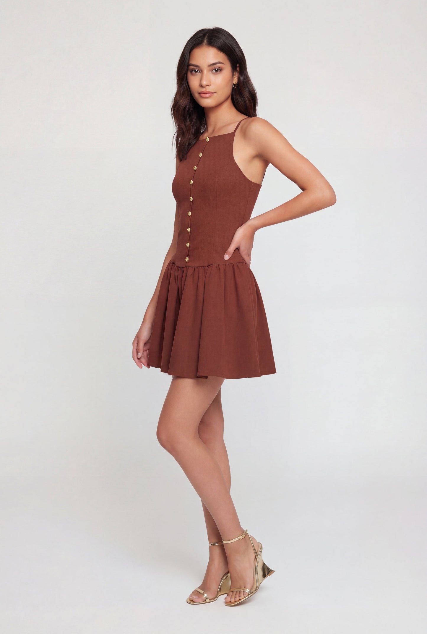 Crepe Knit Faux Button Front Detail Skater Dress