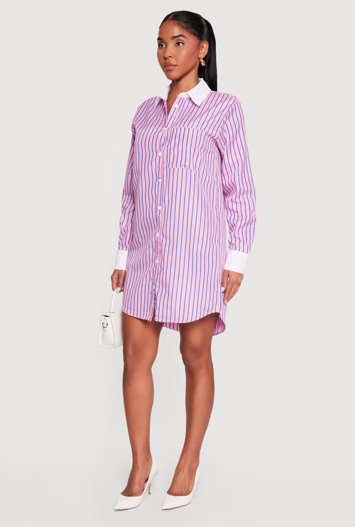 Striped Poplin Button Front Mini Shirt Dress