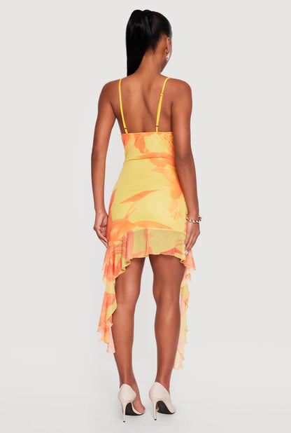 Floral Mesh Overlay Ruffle Trim Mini Dress