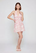 Toile de Jouy Print Ruched Mesh Halter Mini Dress