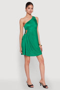 Plisse One Shoulder Drawstring Keyhole Mini Dress