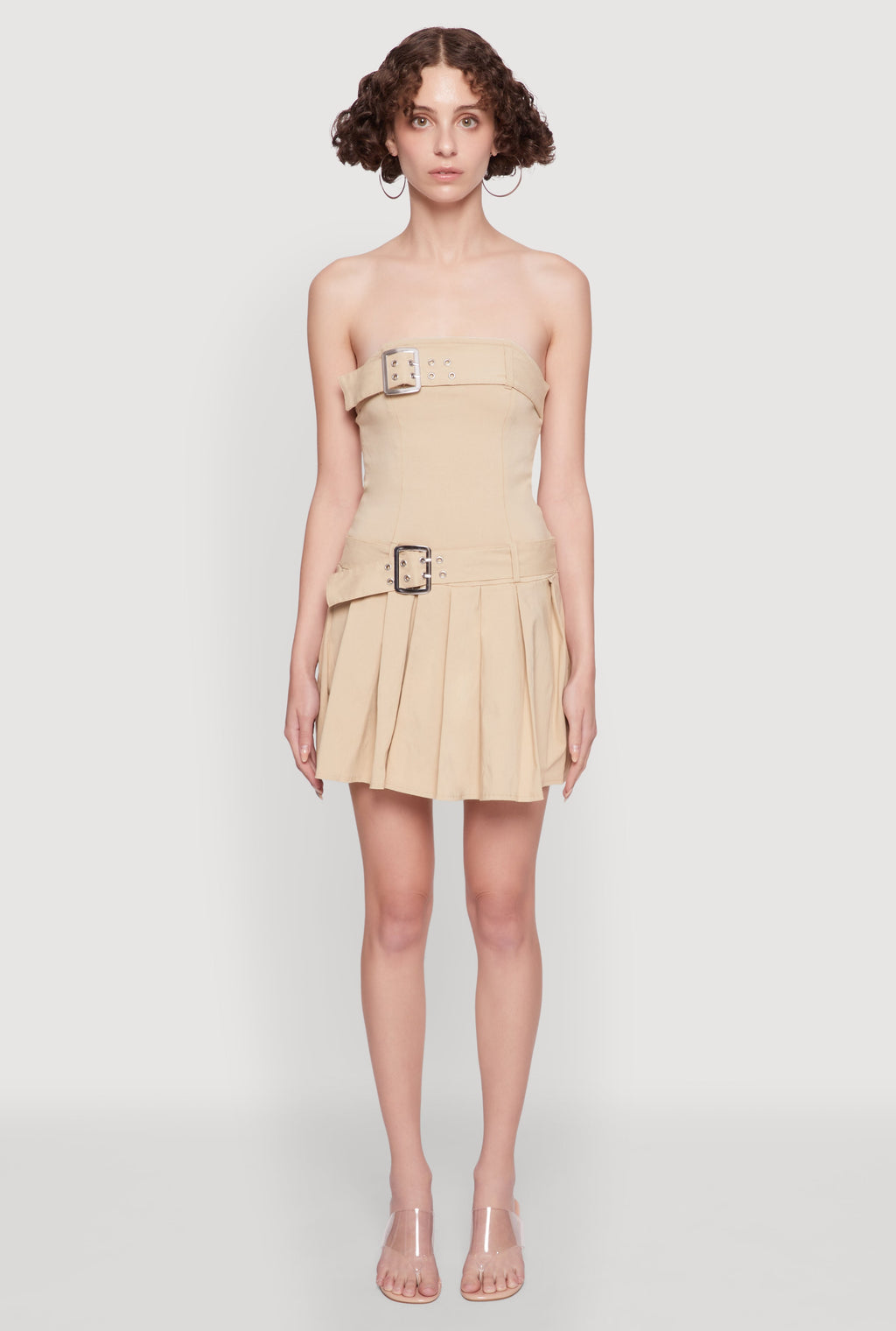 Strapless Double Belted Pleated Skater Dress