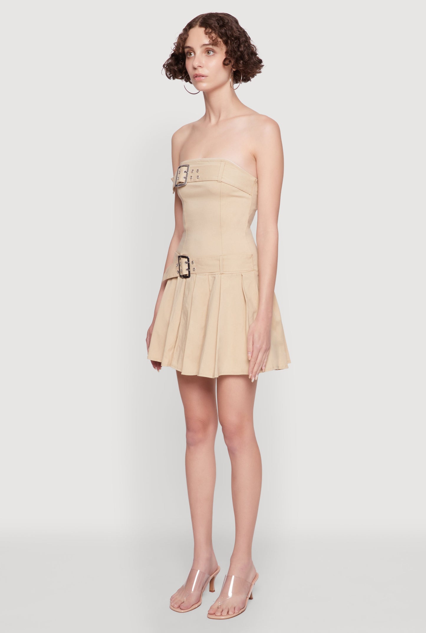 Strapless Double Belted Pleated Skater Dress