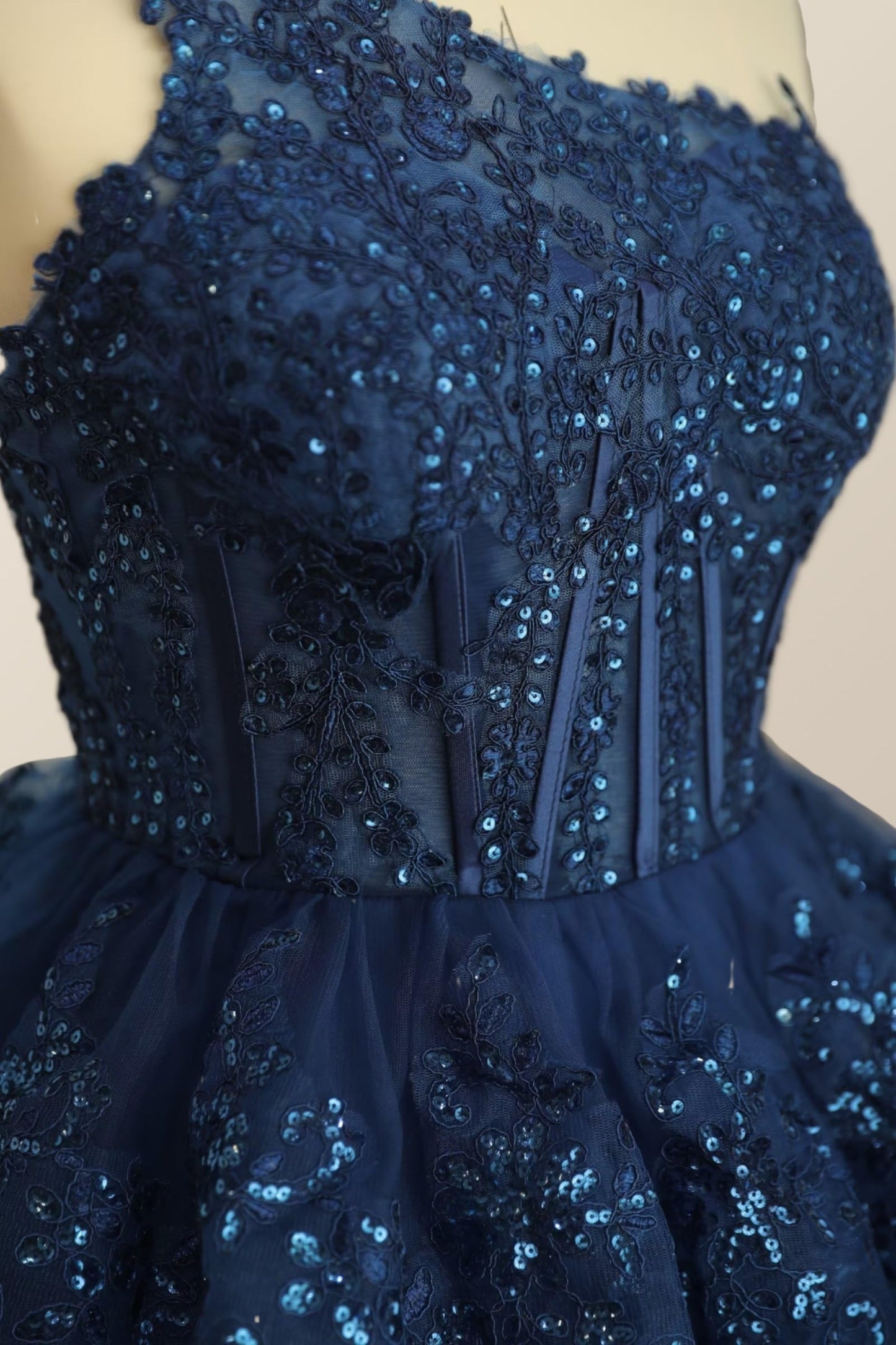 One Shoulder Navy Blue Ruffles A-line Dress