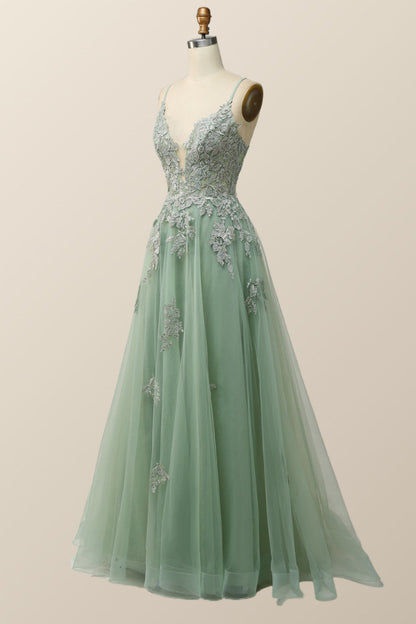 Blue V Neck Appliques Long Formal Dress