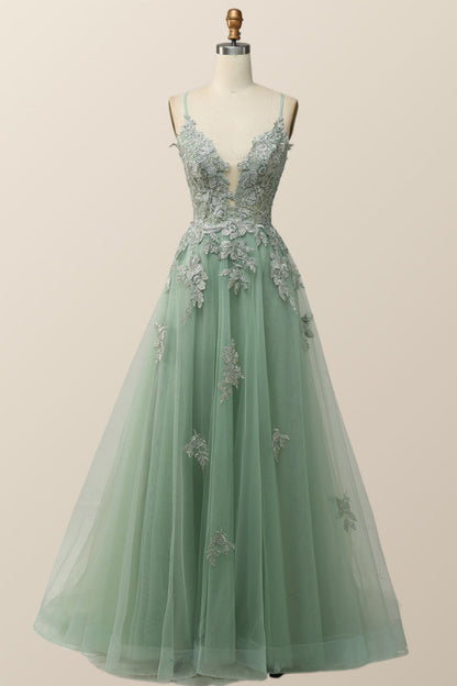 Blue V Neck Appliques Long Formal Dress