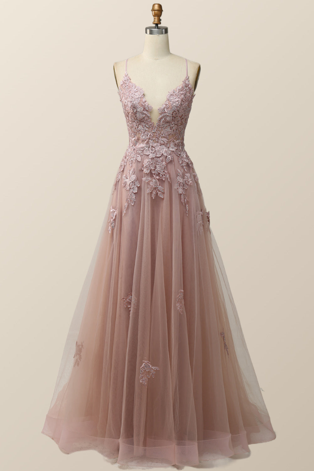 Blue V Neck Appliques Long Formal Dress