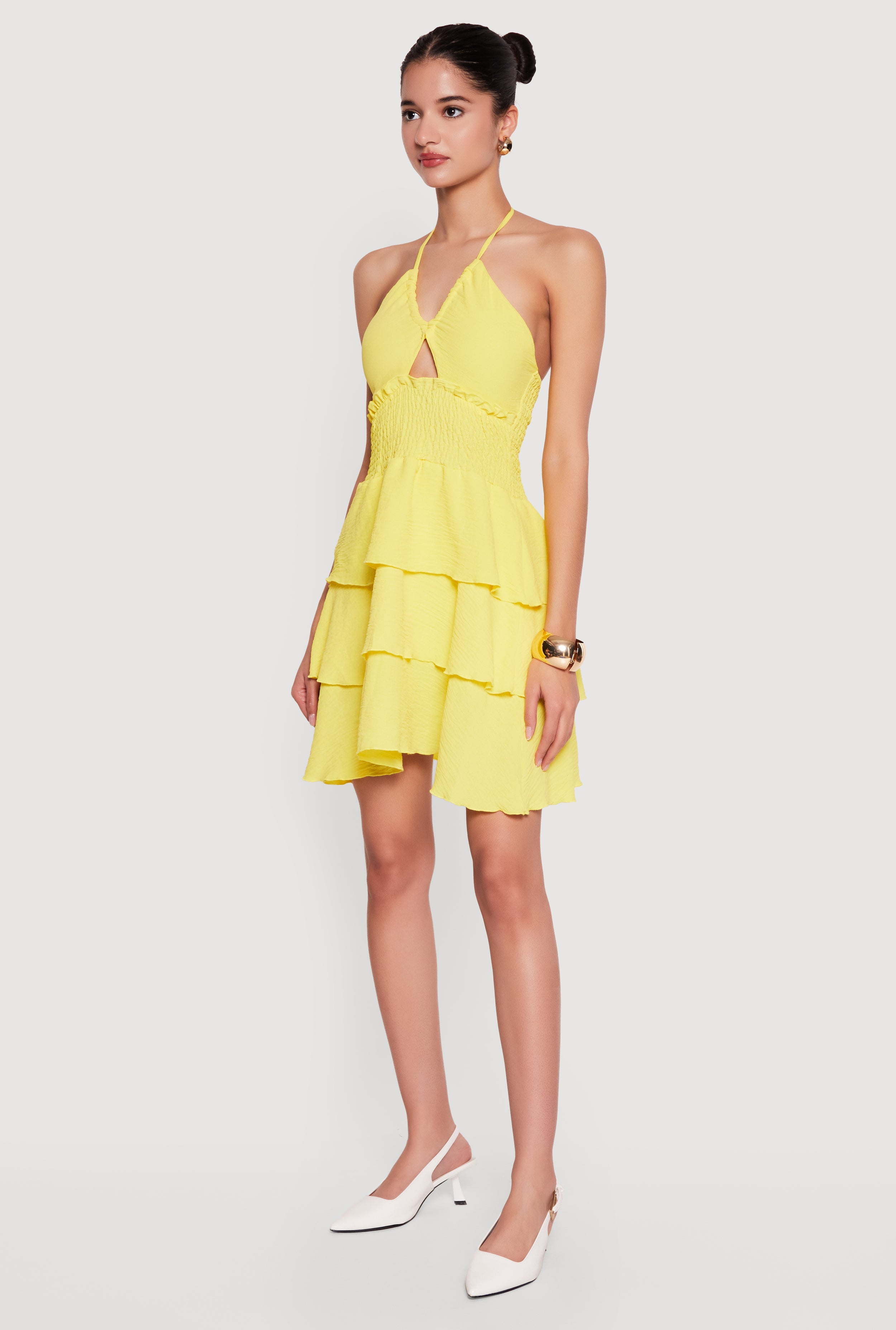 Smocked Tiered Ruffle Halter Neck Mini Dress