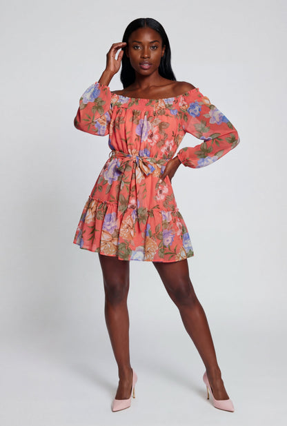 Floral Off The Shoulder Tie Waist Belted Mini Dress