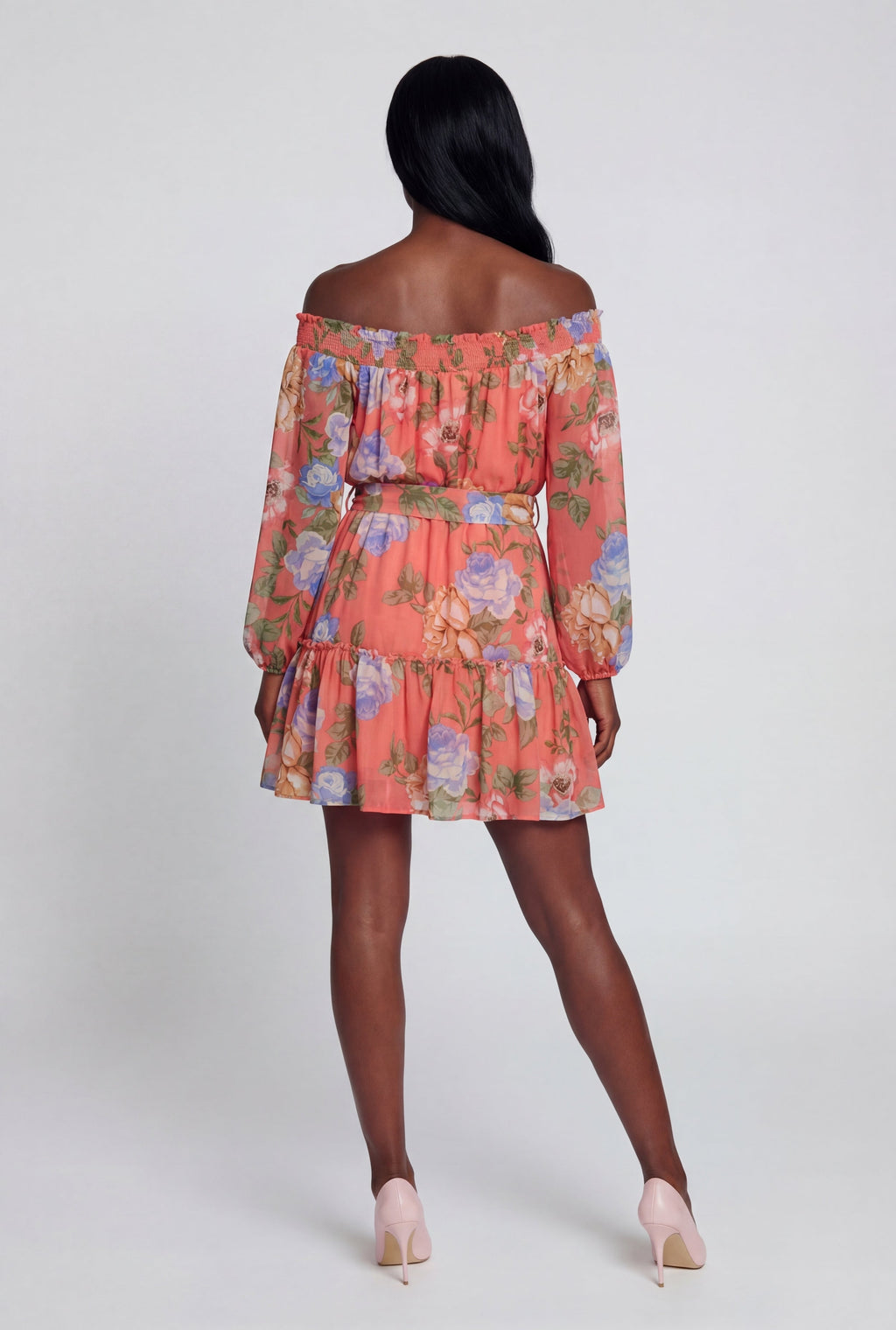 Floral Off The Shoulder Tie Waist Belted Mini Dress