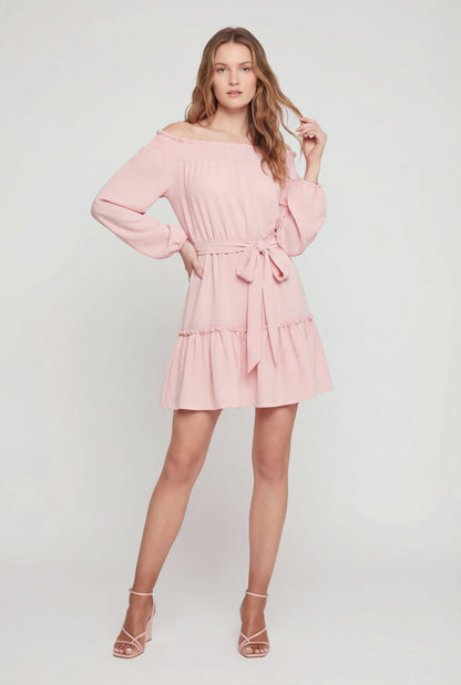 Crepe Knit Long Sleeve Tiered Off The Shoulder Dress