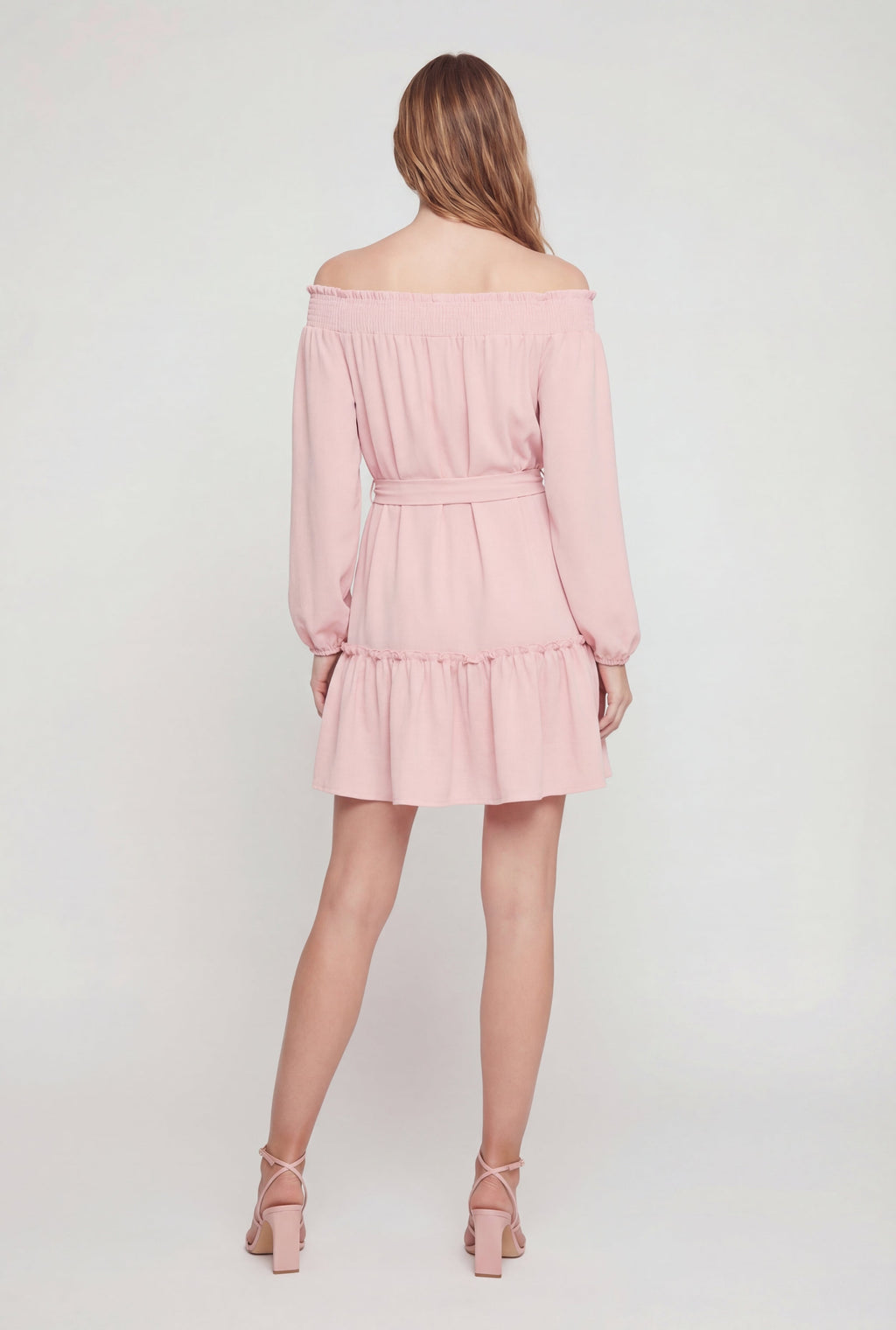 Crepe Knit Long Sleeve Tiered Off The Shoulder Dress