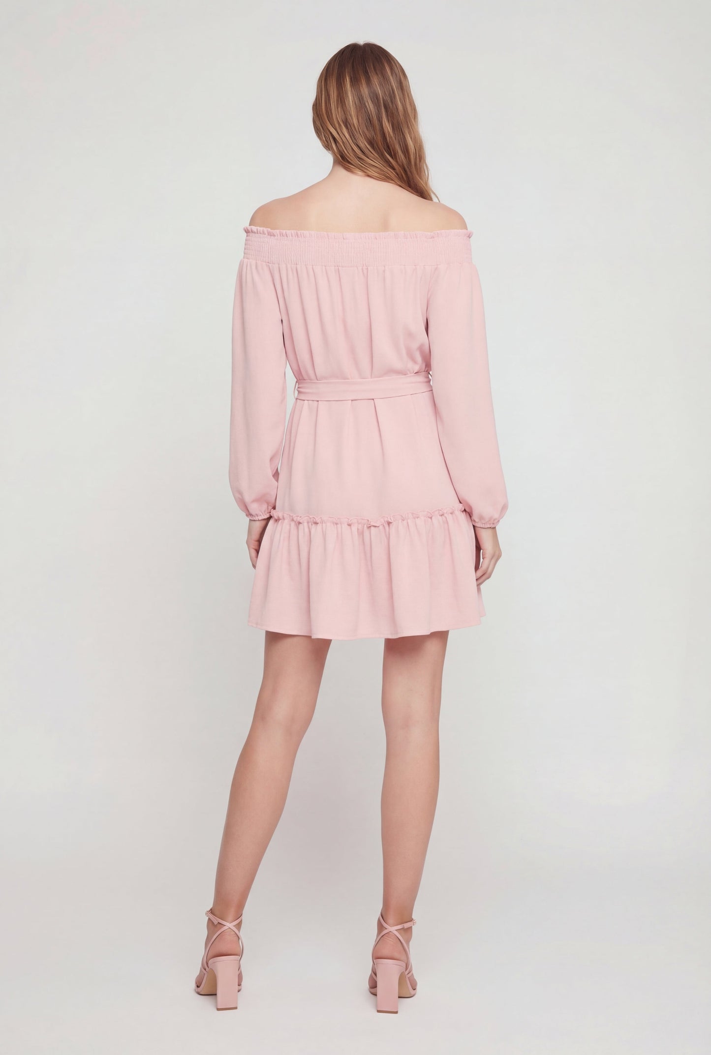 Crepe Knit Long Sleeve Tiered Off The Shoulder Dress