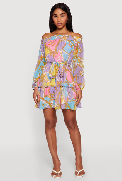 Chain Print Off The Shoulder Tie Waist Belted Dress