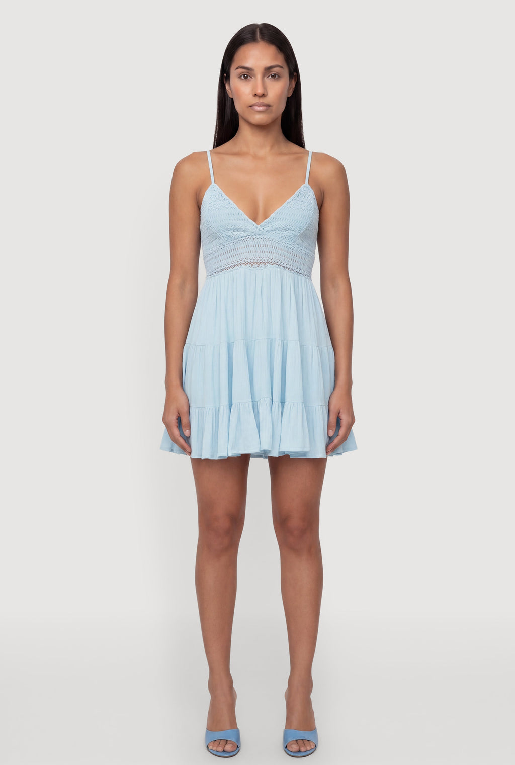 Crochet Detail Tiered Ruffle Trim Dress