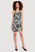 Floral Mesh Ruffle Trim Halter Mini Dress