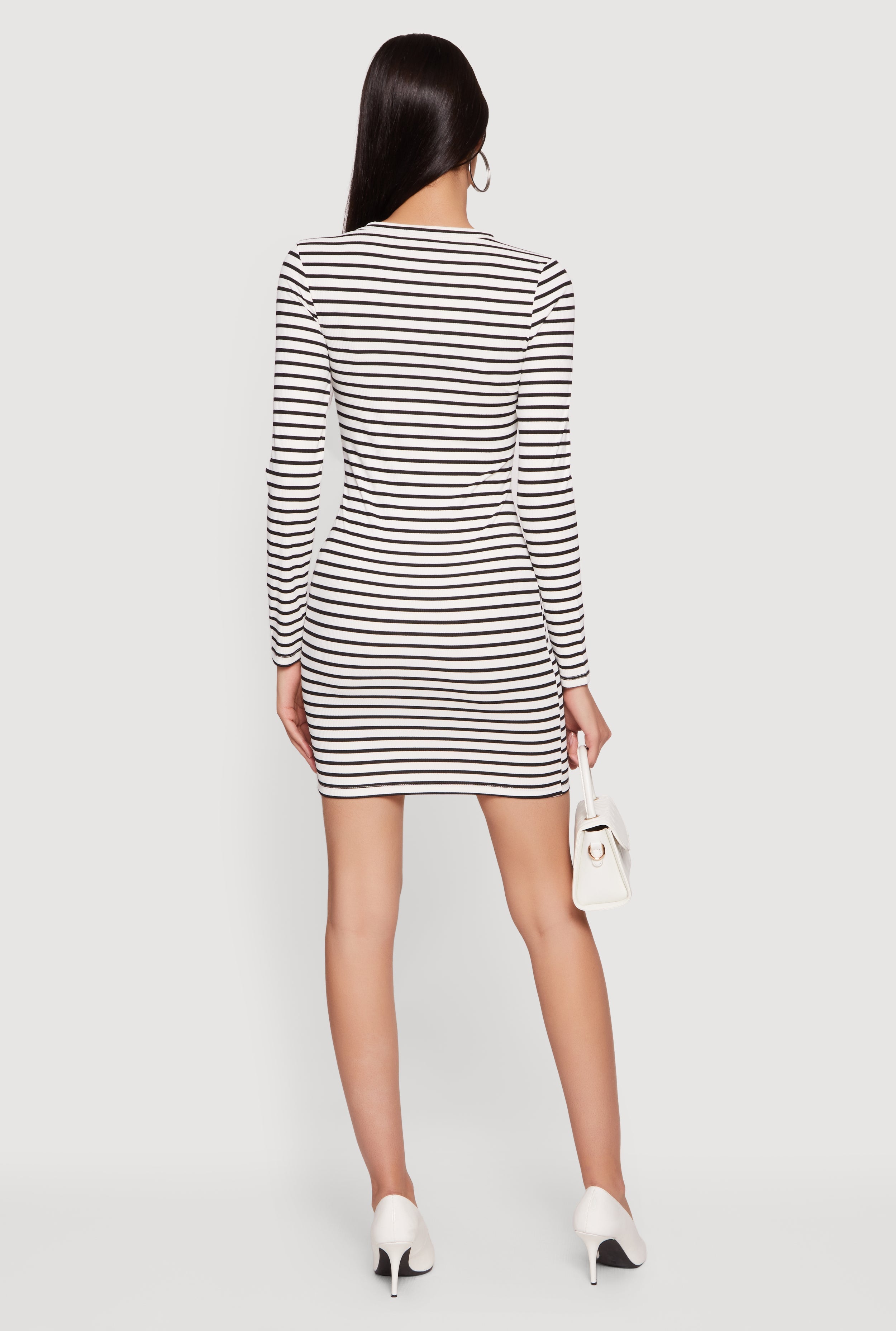 Striped Long Sleeve Ribbed Knit Mini Dress