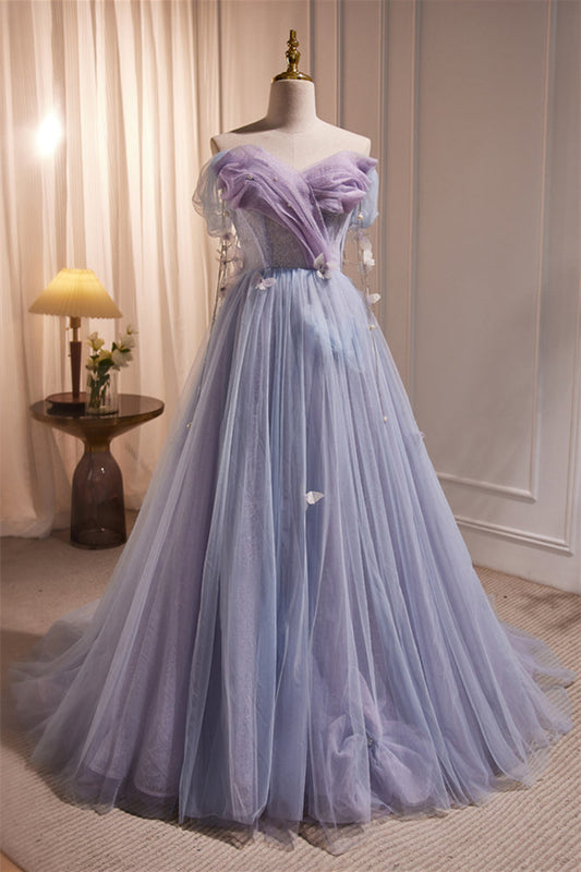 Off the Shoulder Lilac Tulle Formal Dress with Butterflies