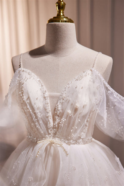 Off the Shoulder White Pearls A-line Short Dress