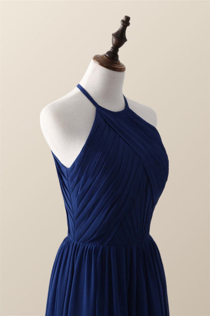 Halter Royal Blue Pleated Long Bridesmaid Dress