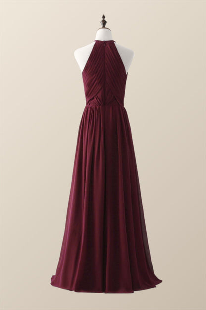 Halter Royal Blue Pleated Long Bridesmaid Dress