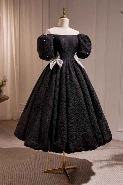 Off the Shoulder Black Tea Length Party Dress