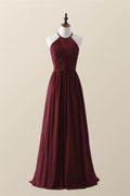 Halter Burgundy Pleated Long Bridesmaid Dress