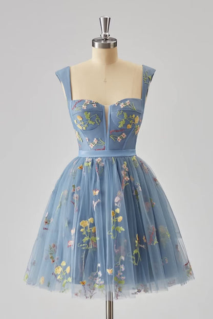 Green Floral A-line Short Princess Dress with Square Neck