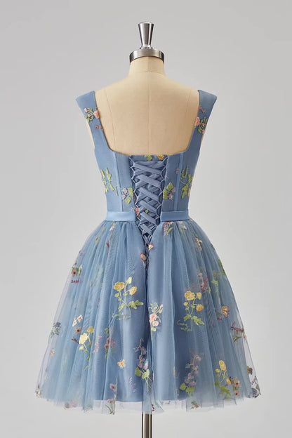 Green Floral A-line Short Princess Dress with Square Neck