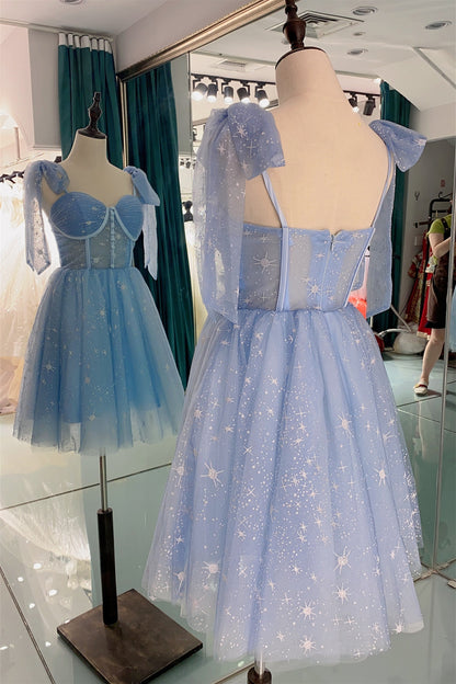 Blue Starry Corset Midi Dress with Buttons