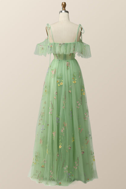 Lavender Floral Ruffles Tulle A-line Long Prom Dress