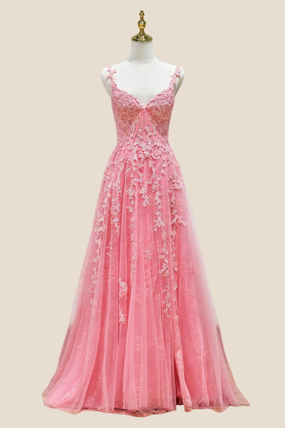 Navy Blue Lace Appliques A-line Long Formal Gown