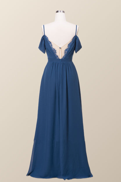 Off the Shoulder Navy Blue Chiffon Long Bridesmaid Dress